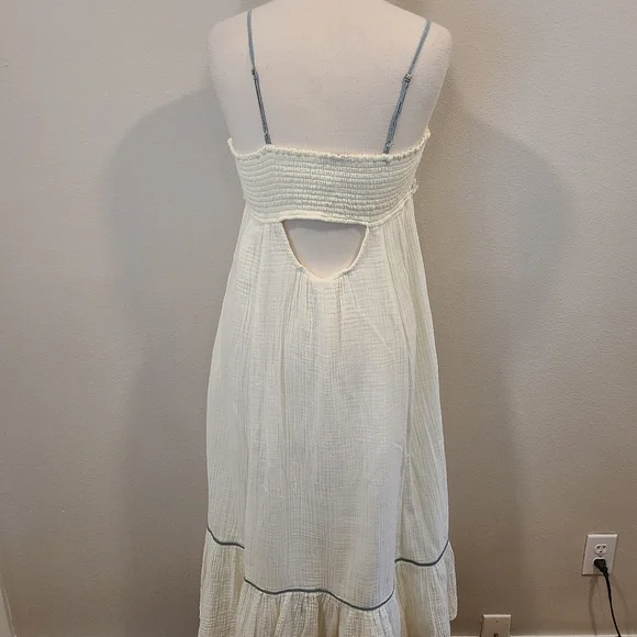 free people linda jo midi dress Free People Linda Jo Midi Dress Gardenia Pockets Gauze Smocked Embroidered  L